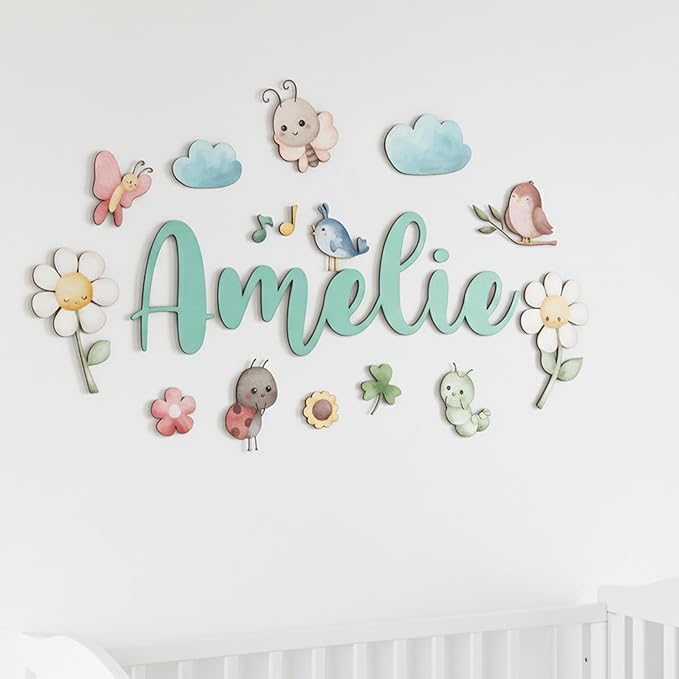 Custom Nursery Name Sign with Themed Decor Kit | Personalized Wooden Wall Art for Baby, Kids Room | Space, Jungle, Circus, Under the Sea, Woodland, Rainbow (40", Fairy Garden)