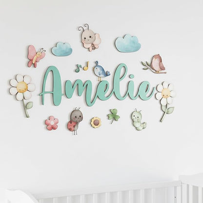Custom Nursery Name Sign with Themed Decor Kit | Personalized Wooden Wall Art for Baby, Kids Room | Space, Jungle, Circus, Under the Sea, Woodland, Rainbow (10", Fairy Garden)