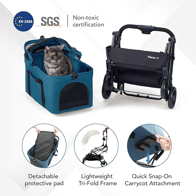 ibiyaya Essential – Travois Tri-Fold Pet Travel System for Medium Dogs, Cats, and More, 3 in 1 Dog Stroller with Detachable Carrier, XL Cabin (Nautical Blue)-Mewly Pet