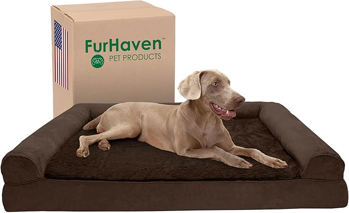 Furhaven Cooling Gel Dog Bed for Large Dogs w/ Removable Bolsters & Washable Cover, For Dogs Up to 125 lbs - Plush & Suede Sofa - Espresso, Jumbo Plus/XXL-Mewly Pet