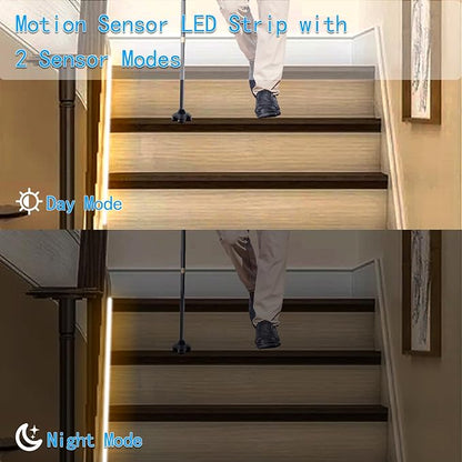 echosari Battery Operated Motion Sensor Cabinet Strip Lights, 9.8Ft 90 LED Under Cabinet Lights, Motion & Night Sensor Safe Tape Light for Stairs Wardrobe Kitchen (Warm White)