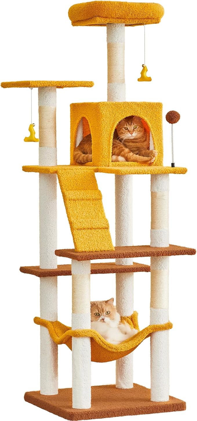 MWPO Cat Tree, 63.8-Inch Cat Tower for Indoor Cats, Multi-Level Cat Condo with 5 Scratching Posts, 2 Perches, Hammock, Dangling Toys, Yellow-Mewly Pet
