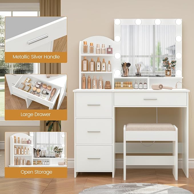 Quimoo Makeup Vanity with 10 Light Bulbs and Charging Station, Vanity Desk with Lighted Mirror & 4 Drawers, Vanity Table Set with Cushioned Stool,White