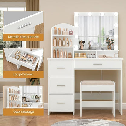 Quimoo Makeup Vanity with 10 Light Bulbs and Charging Station, Vanity Desk with Lighted Mirror & 4 Drawers, Vanity Table Set with Cushioned Stool,White