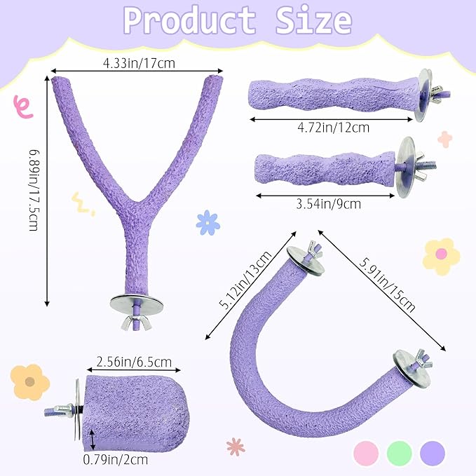 PINVNBY 5 Pack Bird Perch Resin Bird Beak Grinding Stone Parrot Cage Perch Stand Platform Foot Claws Trimmer Chew Toy Bird Cage Accessories for Budgie Cockatiel Conure Lovebird Finch (Purple)-Mewly Pet