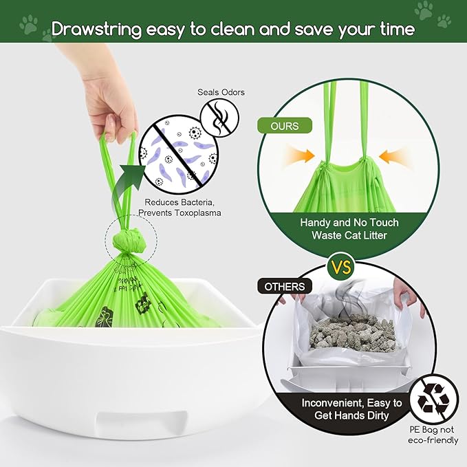 Biodegradable Cat Litter Liner Bags Compatible with LR 3, 4 and Most Self-Cleaning Litter Boxes, 60 Count Kitty Automatic Waste Drawer Liners, Drawstring Pet Compostable Replacement Poop Bags-Mewly Pet