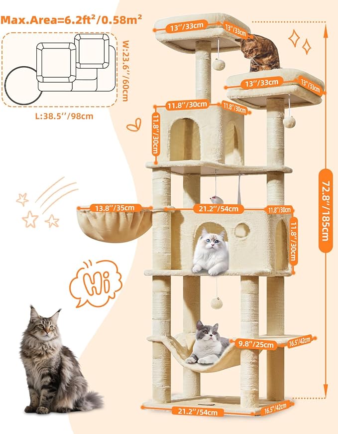 Taoqimiao Large Cat Tree，73-Inch Cat Tree Tower with 9 Scratching Posts for Indoor Cats, 2 Large Cat Condo with Hammock, Hanging Basket, 2 Extended Platform, Beige MS013XLM-Mewly Pet