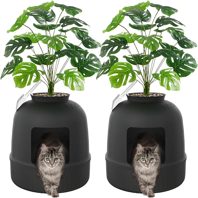 Lifewit 2 Pack Litter Box Cat with Faux Plant & Scoop, Hidden Enclosure Litter Tray with Odor Control & Carbon Filter in Living Room, Bedroom, Corner, Black-Mewly Pet