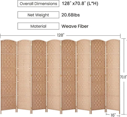 RHF 6 Ft. Tall Extra Wide-Diamond Weave Fiber Room Divider, 8 Panel Room Divider/Screen,Room Dividers and Folding Privacy Screens 8 Panel&Room Dividers and Folding Privacy Screens-Natural, 8 Panel