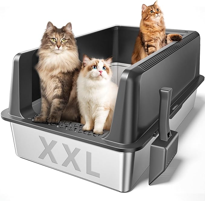 Zarler XXL Stainless Steel Litter Box, Extra Large Cat Litter Boxes 27.8" L x 20" W x 12.9" H, Metal Litter Box with Lid for Multiple Cats, High Sided, Non-Sticky, Anti-Urine Leakage (Grey)-Mewly Pet