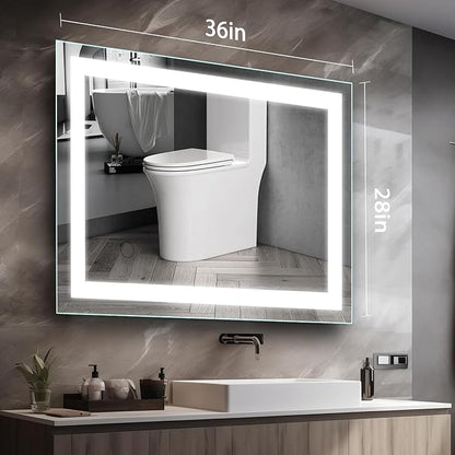 36"x28" LED Bathroom Mirror with Lights Large Wall-Mounted Vanity LED Mirror Smart Lighted Makeup Mirror Stepless Dimmable, Adjustable Brightness,Touch Screen Button,Anti-Fog,Memory Function