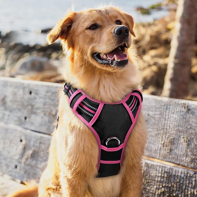 rabbitgoo Dog Harness for Large Dogs, No Pull Pet Vest with 3 Buckles, Adjustable Soft Padded Pet Harness with Easy Control Handle and Reflective Strips, Black & Rose Pink, XL-Mewly Pet