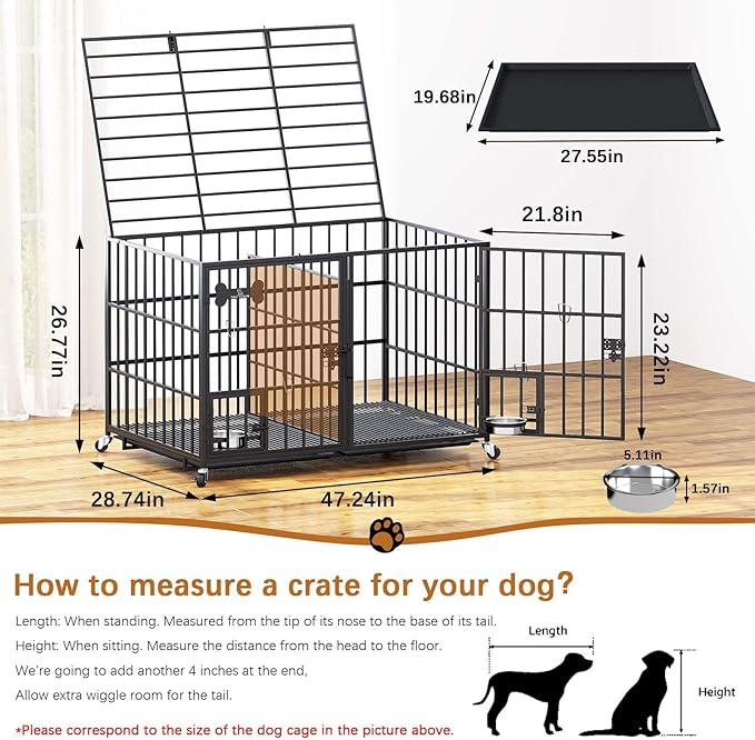 aboxoo 48/42 inch XL Dog Crate for Large Dog/Double Medium Dogs,Heavy Duty Metal Dog Cages,All Metal Open Top,Dog Kennel Indoor with Wheels,Floor Grid, Tray, Divider and Feeding Bowl-Mewly Pet