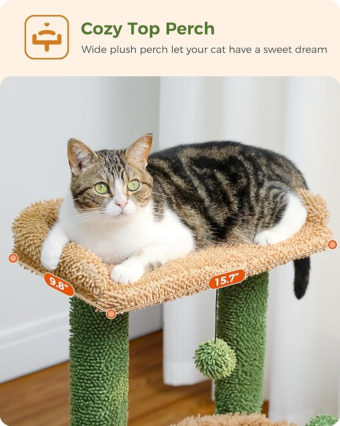 PEQULTI 4-in-1 Cactus Cat Tree, 33'' Cat Tower for Indoor Cats with Large Condo, Cat Scratching Post for Cats with Deep Hammock& Cozy Top Perch,Green-Mewly Pet
