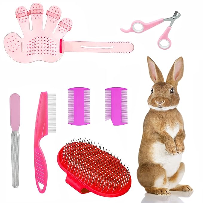 7-Piece Small Pet Grooming Kit: Brush, Nail Clippers, Hair Remover, Shampoo Brush with Hand Strap for Rabbits, Hamsters, Bunnies-Mewly Pet