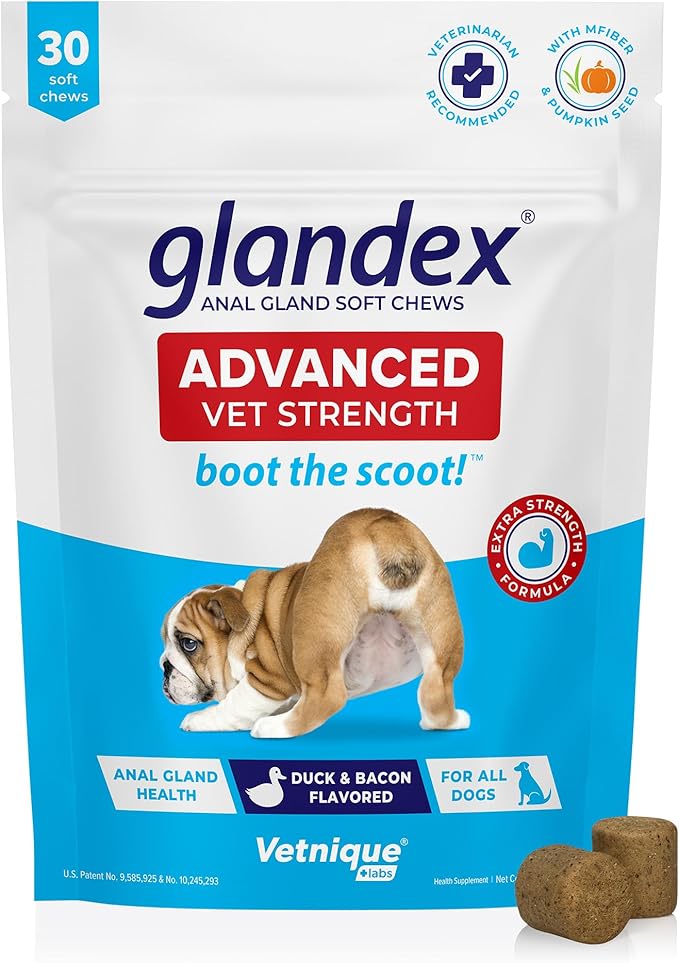 Vetnique Glandex Anal Gland Soft Chew Treats with Pumpkin for Dogs Digestive Enzymes, Probiotics Fiber Supplement for Dogs Boot The Scoot (Advanced Strength Duck/Bacon Chews (Veg), 30 Count)-Mewly Pet