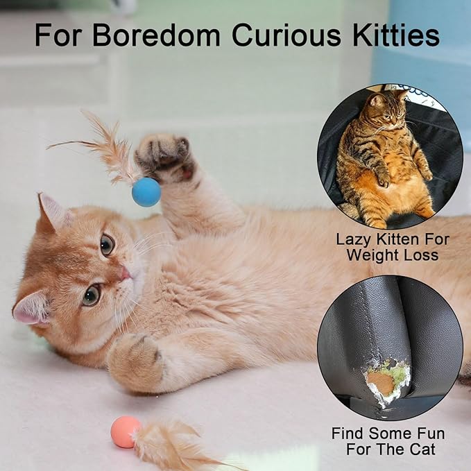 Cat Toys Balls with Feathers, 3 Pcs Interactive Cat Bouncy Balls for Indoor Cats and Playful Kittens, Rubber Kitten Ball Toys for Interactive Playing, Chase Training and Hunting Exercise-Mewly Pet