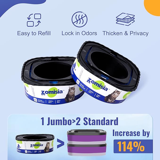 2 Pack Cat Litter Refill Bags, Non-See-Through Jumbo 60FT Cartridge Refill Total Up to 36 Weeks (Over 8 Months) Per Cat for Odor Control, Compatible with Genie Standard, Plus, Style-Mewly Pet