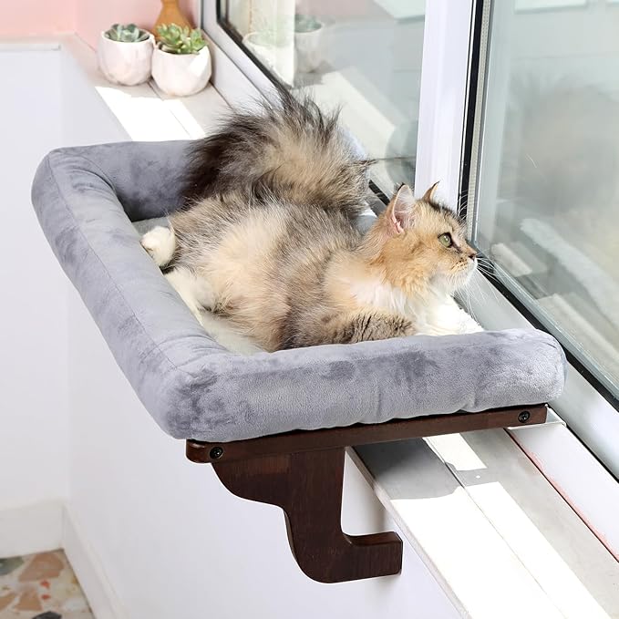 Cat Perch for Window Sill with Bolster - Orthopedic Hammock Design with Premium Hardwood & Robust Metal Frame - Cat Window Seat for Large Cats and Kittens - Dark Stained Wood with Gray Bed-Mewly Pet