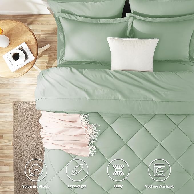 CozyLux Full Size Comforter Sets Sage Green - 7 Pieces Bed in a Bag Full, Luxury Soft Bed Set for All Seasons, Bedding Set with Down Alternative Comforter, Sheets, Pillowcases & Shams