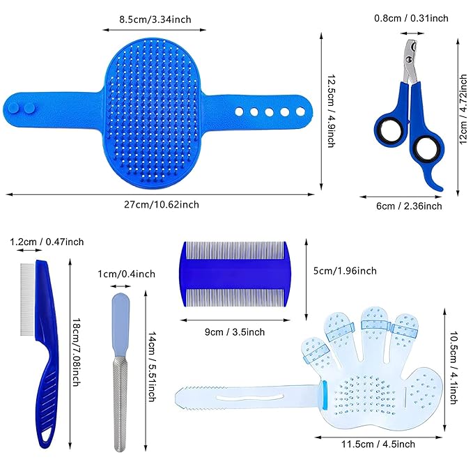 7-Piece Small Pet Grooming Kit with Brush, Nail Clippers, and Adjustable Strap for Rabbits, Hamsters, Guinea Pigs (Blue)-Mewly Pet