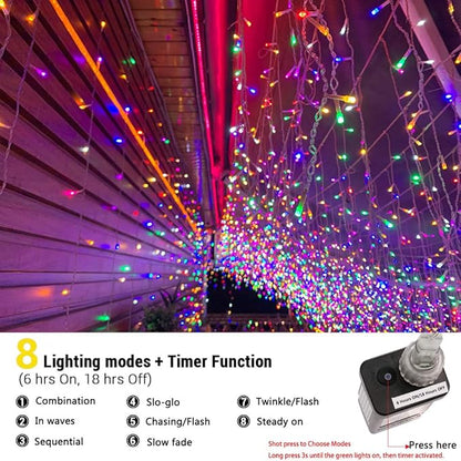Toodour Christmas Icicle Lights Outdoor, 1224 LED 100ft 8 Modes Fairy Icicle String Light with 204 Drops, Led Christmas Lights Twinkle for Holiday, Party, Wedding, Eaves, Xmas Decorations (Multicolor)
