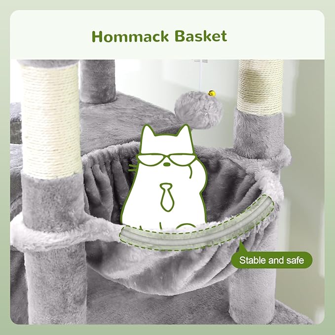 Globlazer Heavy Duty Cat Trees for Large Cats, Sturdy 72in Maine Coon Cat Tree for Large Cats 20 lbs+ Heavy Duty Cat Tower for Adult Biggest Cat with 6 Scratching Posts, Hammock, S72, Light Grey-Mewly Pet