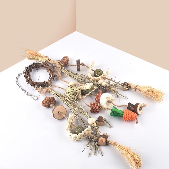 Bissap Bunny Chew Toy, Rabbits Cage Hanging Chew Toys and Treats Rattan Ring with Snacks Water Grass Wooden Block Carrot for Guinea Pigs Chinchillas Hamsters Rats and Other Small Pets Teeth Grinding-Mewly Pet