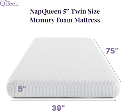NapQueen 5 Inch Twin Memory Foam Mattress, Medium Feel, CertiPUR-US Certified, Bed in a Box, Breathable Soft Fabric Cover, White