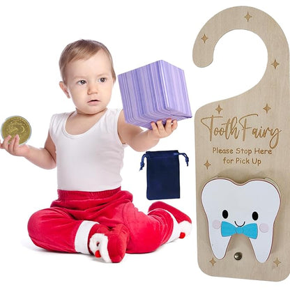 PAMBO Tooth Fairy Door Hanger, Wooden Tooth Fairy Money Holder with Tooth Coins for Lost Tooth Kids Gifts (Blue)