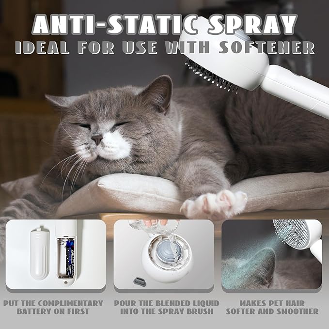 3-in-1 Steam Brush for Cats & Dogs – Hair Removal Comb with One-Click Release & Water Spray – Grooming Brush for Shedding, Long/Short Hair (white brushs)-Mewly Pet