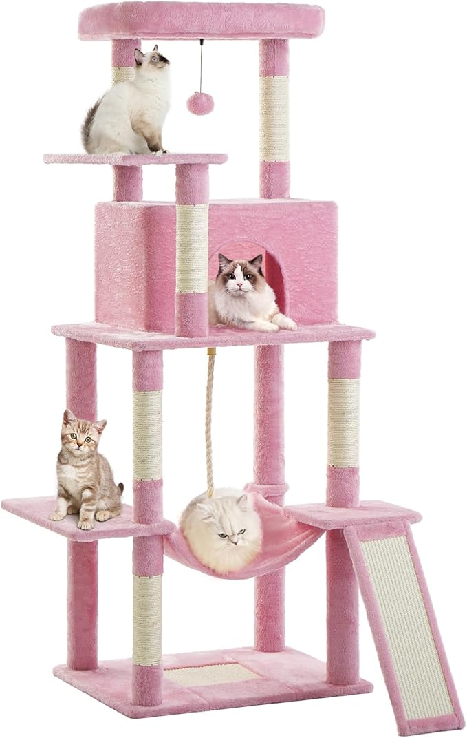 Cat Tree Tower 63in Multi-Level Cat Tower for Indoor Cats with Sisal Scratching Posts, Condo, Hammock, Dangling Ball and Extended Platform for Cats to Play, Pink-Mewly Pet