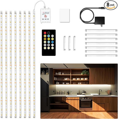 DAYBETTER 8 PCS Under Cabinet Lighting Kit, Bright Under Cabinet Lights, Flexible Led Strip Lights with Remote, for Kitchen Cabinets Shelf Desk Counter, 2700K-6500K Warm to Daylight White, 13.2ft
