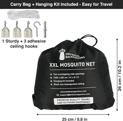 Black Mosquito Net for Single to King-Sized Beds – 2 Openings or Fully-Enclosed Bed Canopy – Conical Design for Decoration or Travel – Free Bag & Hanging Kit for Easy Setup