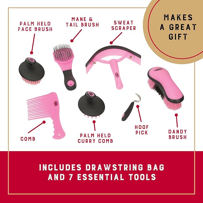 Weaver Leather Horse Grooming Kit, 7-piece Horse Brush Set with Organizer Tote Bag, Equine Care, Horse Tack Room Equipment, Grooming Horse Supplies, Gray/Pink-Mewly Pet