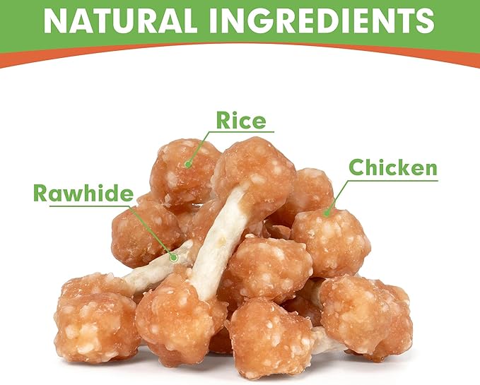 MON2SUN Dog Treats, 16oz Mini Rawhide Chews, Chicken Dumbbells with Rice for Small Dogs & Toy Breed, Crunchy and Healthy (2.5 Inch 30 Count)-Mewly Pet