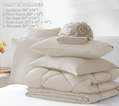 CozyLux Queen Comforter Set Beige - Bed in a Bag Queen Size 7 Pieces, Luxury Soft Bed Set for All Seasons, Bedding Set with Down Alternative Comforter, Sheets, Pillowcases & Shams