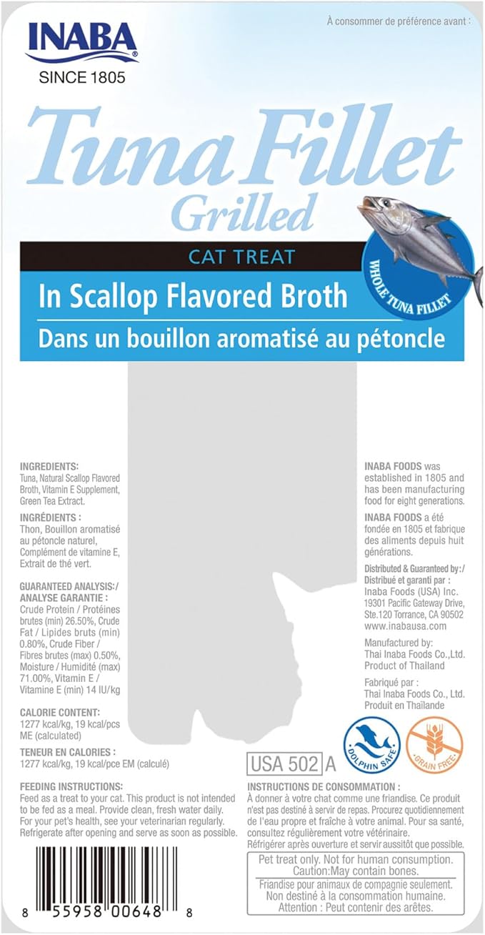 INABA Premium Hand-Cut Grilled Tuna Fillet Cat Treats/Topper with Vitamin E and Green Tea Extract, 0.52 Ounces Each, Pack of 6, Scallop Broth-Mewly Pet