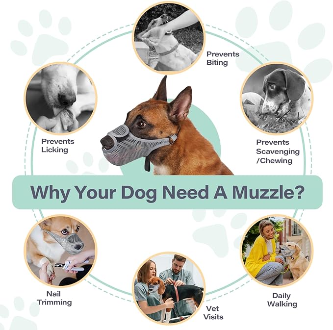 LUCKYPAW Dog Muzzle for Large Medium Small Dogs, Patented Mesh Muzzle to Prevent Biting Chewing Eating, Soft Mouth Guard with Front Opening Design for Drinking Panting(Grey, L)-Mewly Pet