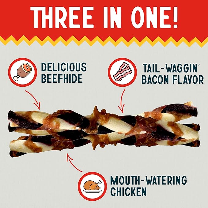 Canine Chews 5" Triple Flavor Rawhide Stick Twists for Small Dogs Dog Treat Dental Stick Chicken, Pork, Beef Flavor Chew Toy (100 Pack)-Mewly Pet