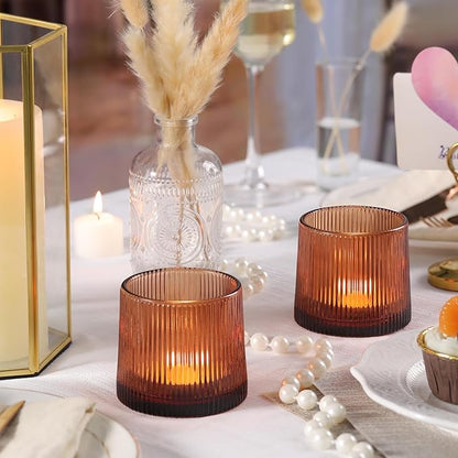 Amber Ribbed Tealight Votive Candle Holders Set of 10- Votive Candle Holders for Table Centerpiece, Tea Light Candle Holder Glass for Wedding and Home Decor, Blue Decor and Gifts