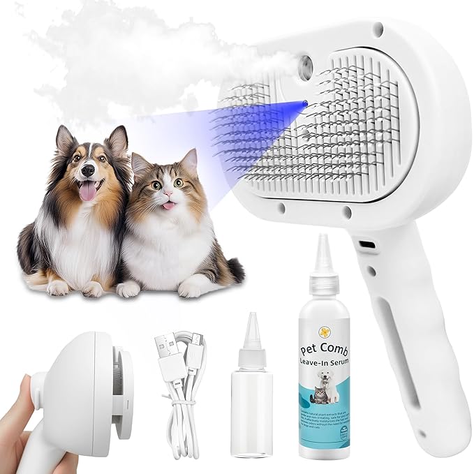4-in-1 Pet Grooming Steam Brush for Cats & Dogs – Steam Spray, Blue Light, Hair Removal, Self-Cleaning Comb – Includes Pet Waterless Shampoo-Mewly Pet