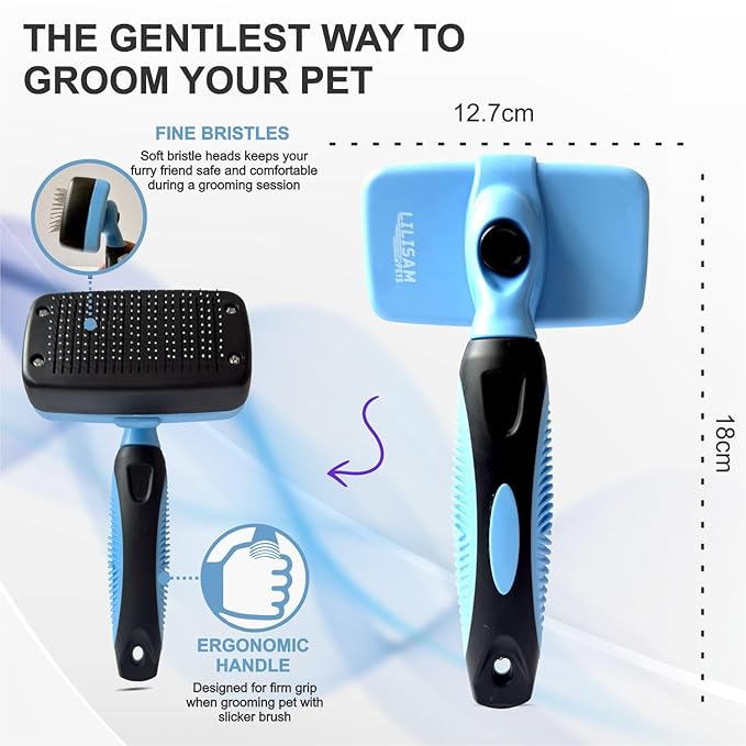 Pet Self Cleaning Slicker Brush and Grooming Comb - Gently Removes Loose Hair, Tangles, and Dirt - Skin Friendly Deshedding Grooming Tool for Hair Dogs & Cats - Pet Supplies Accessories (Blue)-Mewly Pet