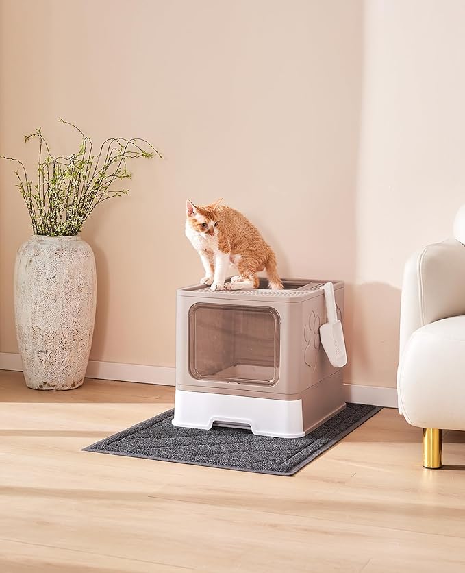 Cat Litter Box with X-Large Litter Mat and Scoop, Large Foldable Litter Box with Lid, Enclosed Kitty Box,Front Top Entry Exit, Odor Control Easy to Clean (Upgrade Coffee)-Mewly Pet