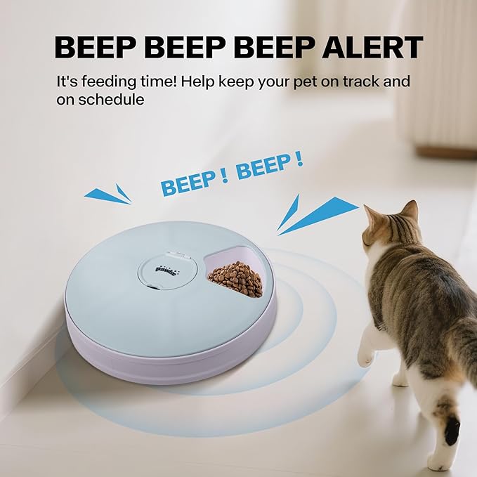 Pawise Automatic Cat Feeder, 6-Meal Programmable Pet Food Dispenser with Bird Chirp Sound Alert, Battery Operated, BPA-Free, Bonus Snack Ball Toy, for Cats & Small Dogs（Batteries Not Included-Mewly Pet