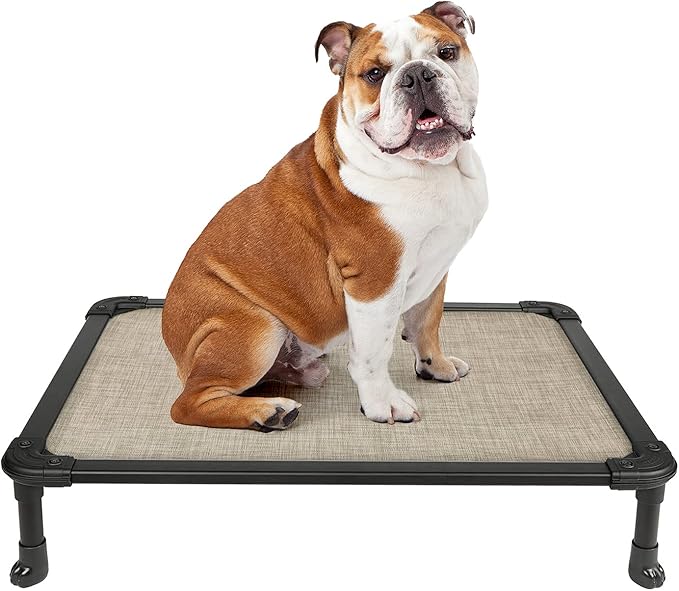 Veehoo Chew Proof Elevated Dog Bed - Cooling Raised Pet Cot - Rustless Aluminum Frame and Durable Textilene Mesh, Unique Designed No-Slip Feet for Indoor or Outdoor Use, Beige Coffee, Medium-Mewly Pet