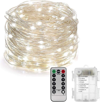 String Lights,LED Copper Wire Lights, Each Set 33ft/10M 100LEDs and 4 Remote Control.AA Battery Powered,Decor Rope Lights for Holiday,Wedding, Parties.(White)