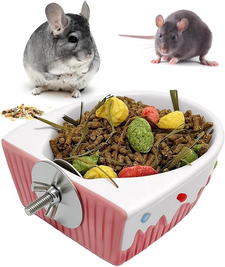 Chinchilla Food Bowl Ceramic Guinea Pig Cage Feeder Hanging Bunny Food Dish Small Animal Feeding Bowls for Syrian Hamster Ferret Gerbils (Pink)-Mewly Pet