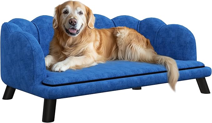 PawHut Velvet Large Dog Couch with Foam Cushion, Soft and Cute Bed with Pearl Design, Sofa for Big and Medium Dogs, Dark Blue-Mewly Pet
