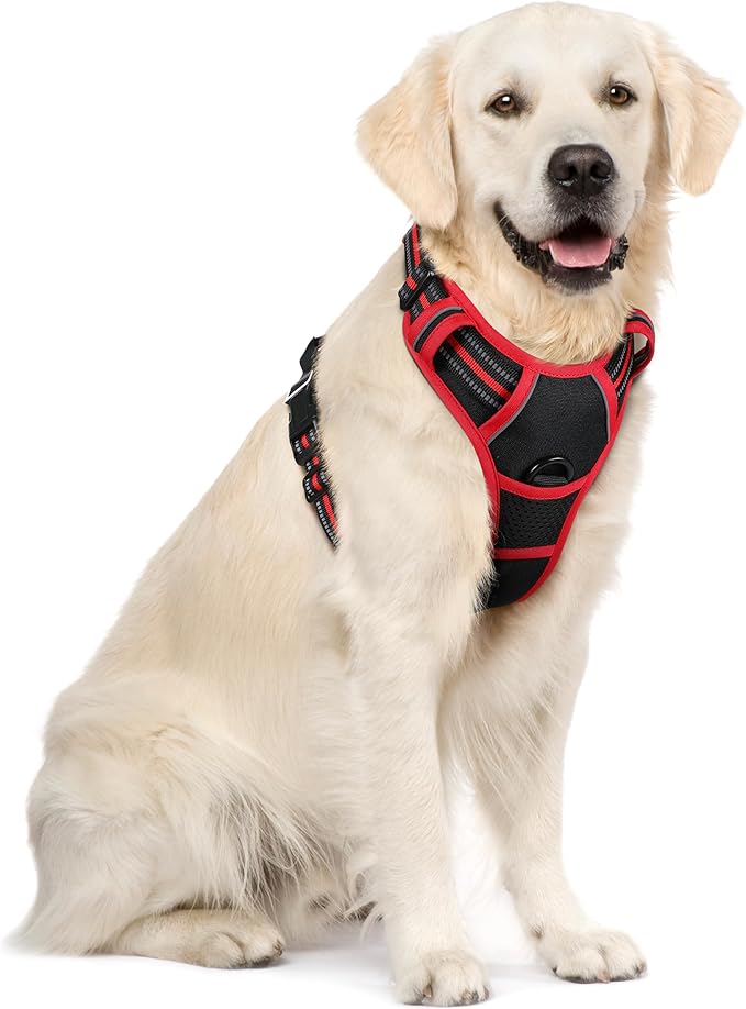 rabbitgoo Dog Harness No Pull with 2 Leash Clips, Adjustable Soft Padded, Reflective Oxford No Choke Pet Vest with Easy Control Handle for Large Dogs, Black & Red, XL-Mewly Pet